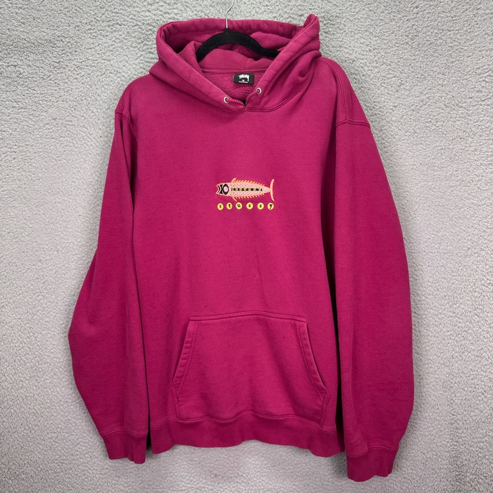Stussy Hoodie Mens XL Pink Fish Graphic Embroidered Streetwear Pullover Y2K